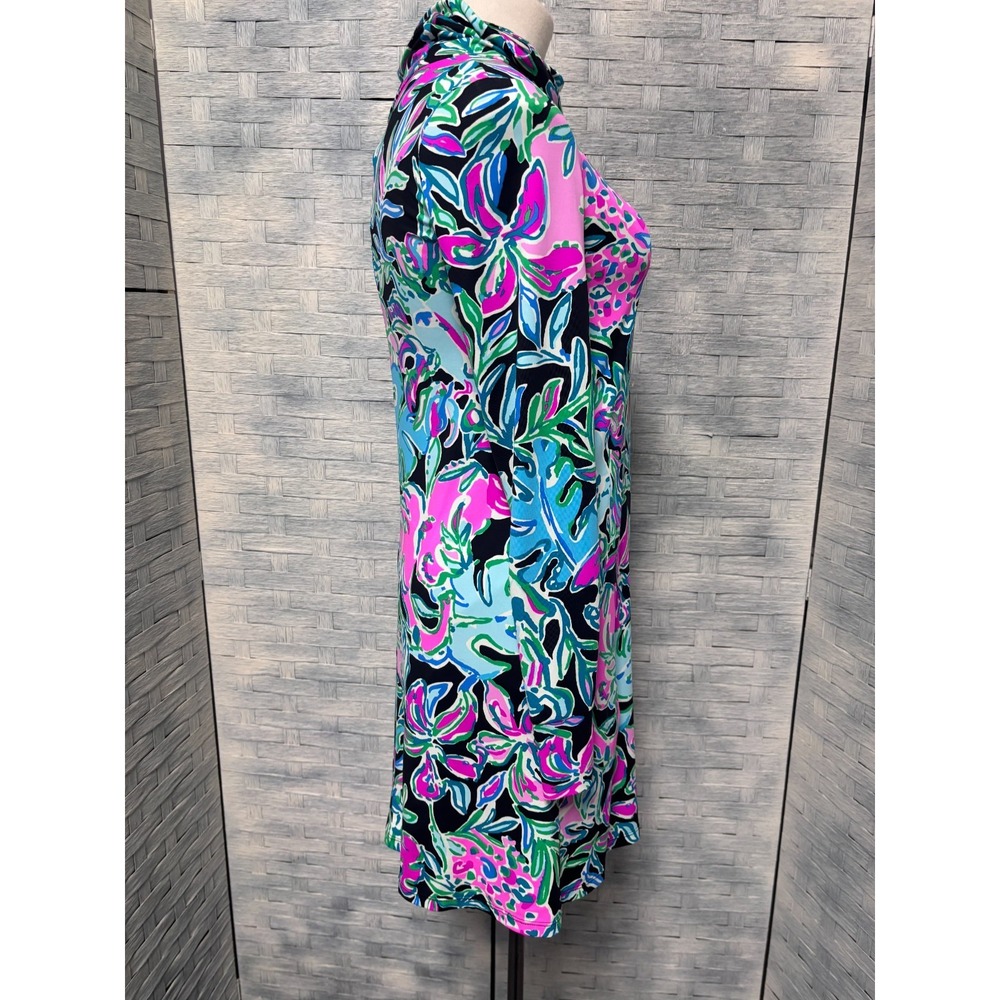 Lilly Pulitzer Women XXS Dress Navy Pink Floral UPF 50+ Cowl Neck Pockets Resort - Picture 3 of 8